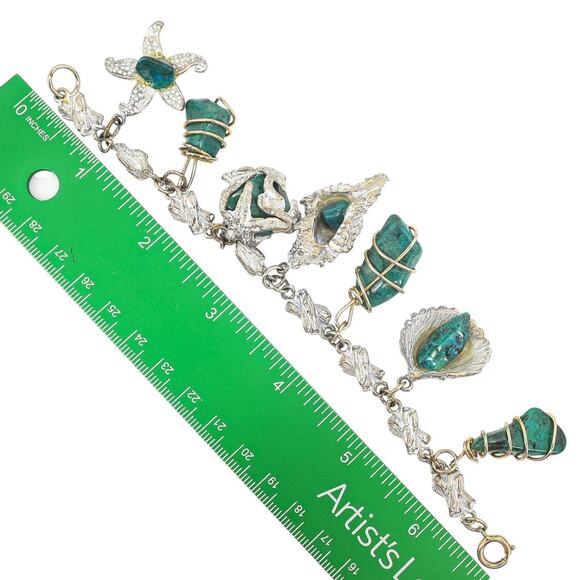 Ornate Figural Mid Century Charm Bracelet Nautical Style Shells Green Stones 7” - Picture 7 of 7